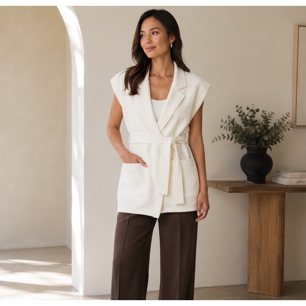 Lune Active Moon Blazer Vest Womens L Ivory Cream Belted Textured Knit Longline